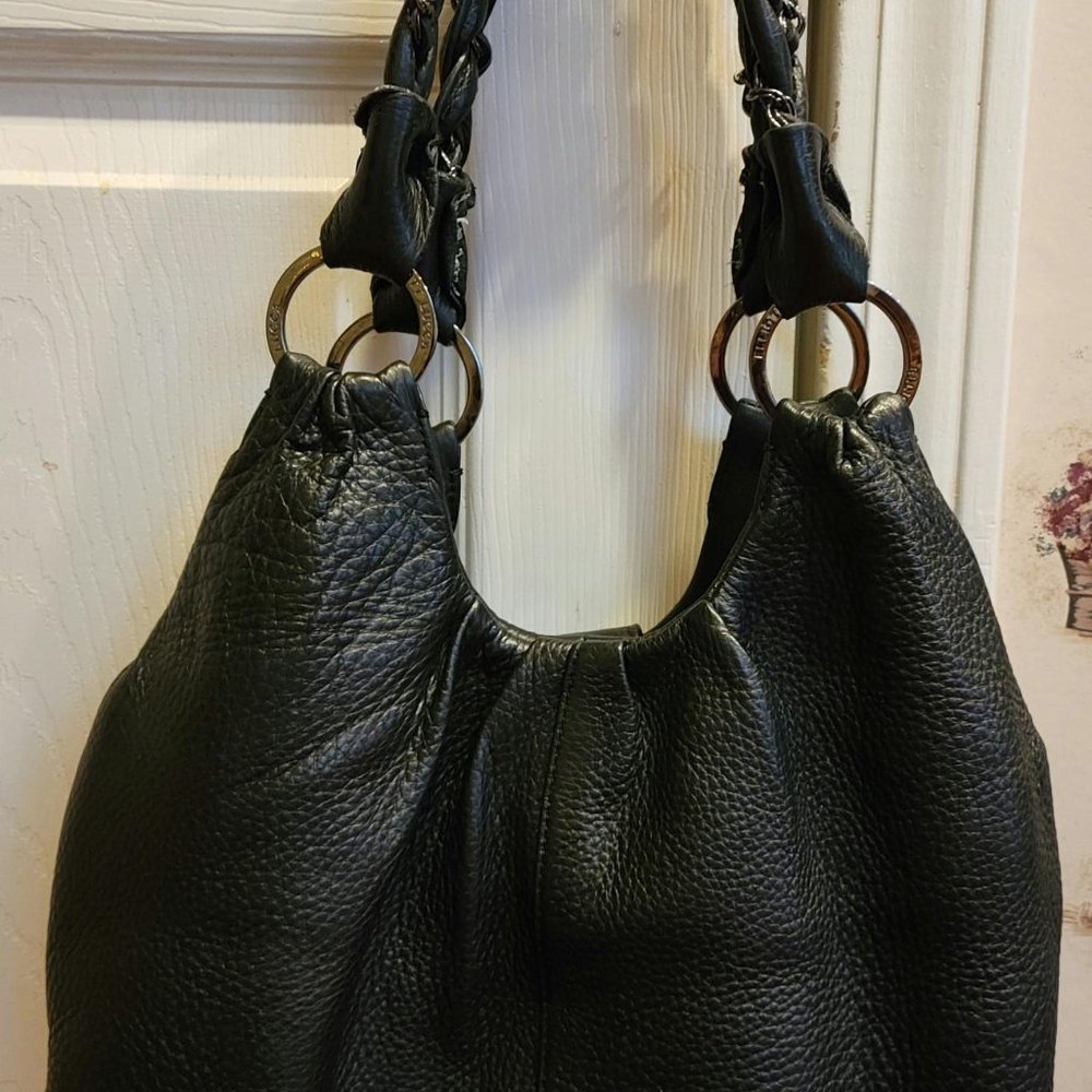 Elliott Lucca Black Pebble Leather Braided Double Handel Satchel Handbag